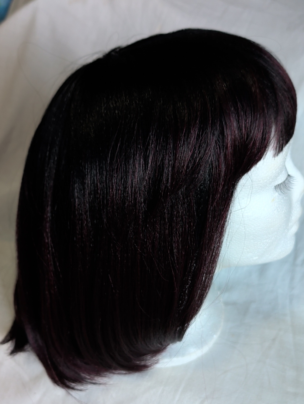 Short Straight Women's Wig with Blunt Bangs - Deep Burgundy Shade Synthetic